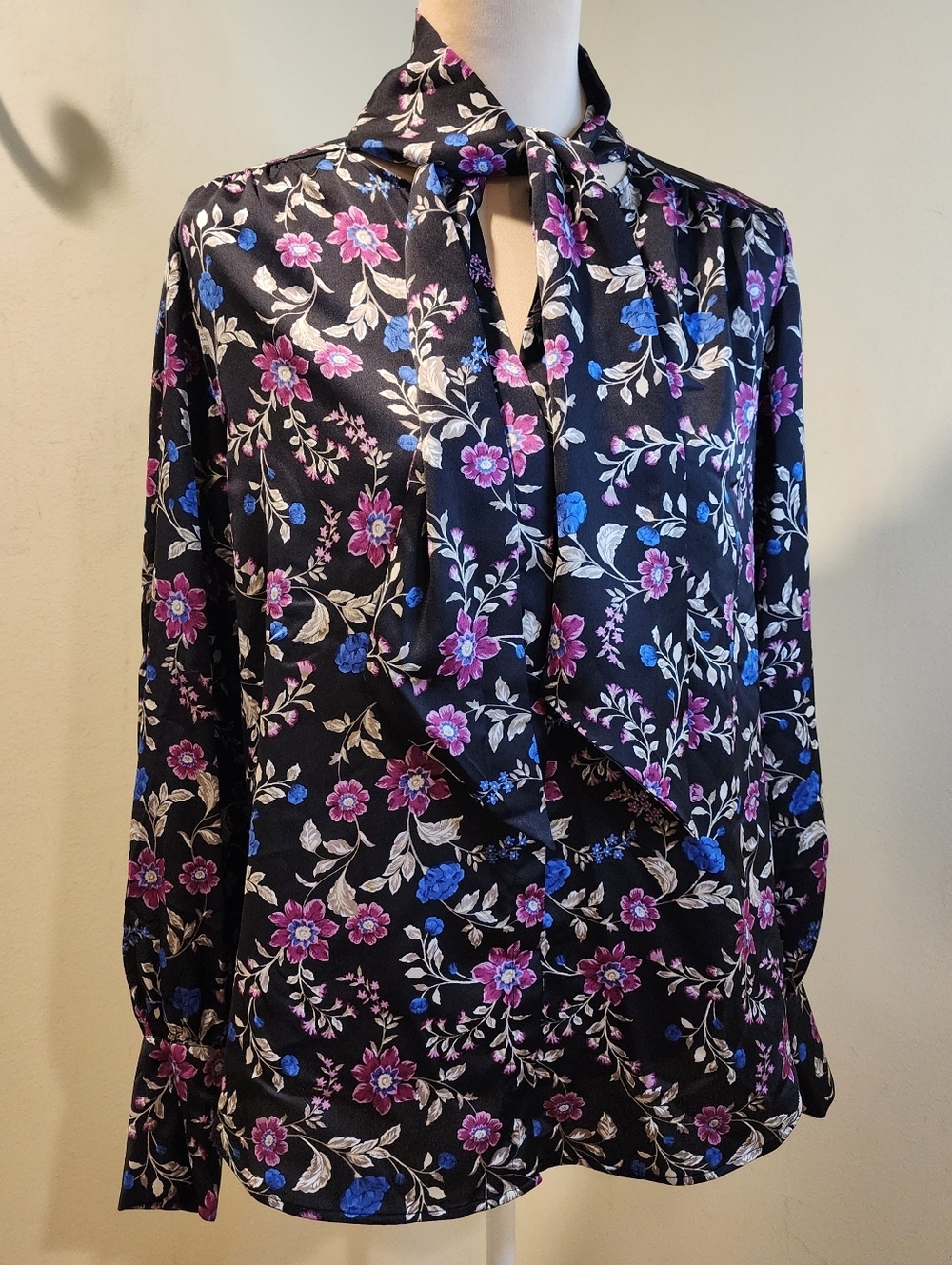 Ann Taylor Black Floral Tie-Neck Blouse with Pink & Blue Blooms